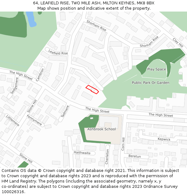 64, LEAFIELD RISE, TWO MILE ASH, MILTON KEYNES, MK8 8BX: Location map and indicative extent of plot