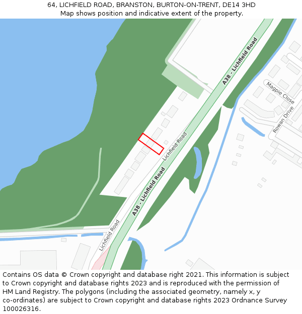 64, LICHFIELD ROAD, BRANSTON, BURTON-ON-TRENT, DE14 3HD: Location map and indicative extent of plot