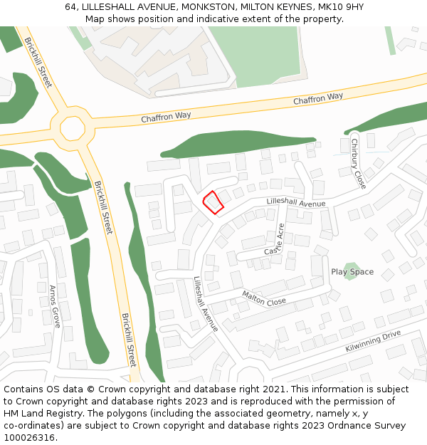 64, LILLESHALL AVENUE, MONKSTON, MILTON KEYNES, MK10 9HY: Location map and indicative extent of plot