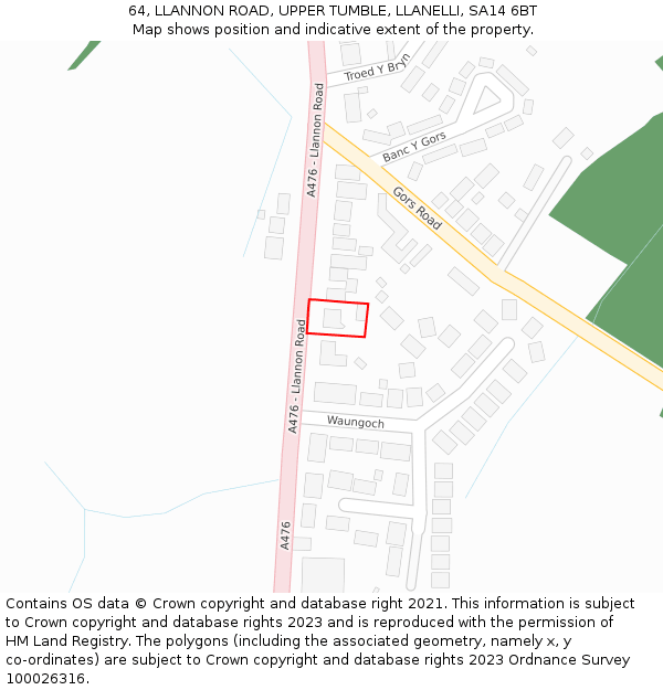 64, LLANNON ROAD, UPPER TUMBLE, LLANELLI, SA14 6BT: Location map and indicative extent of plot