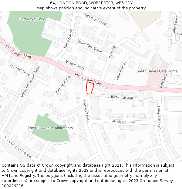 64, LONDON ROAD, WORCESTER, WR5 2DY: Location map and indicative extent of plot