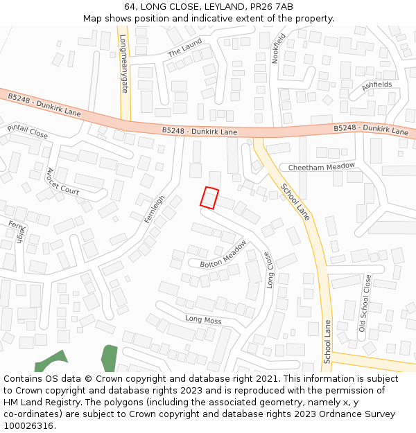 64, LONG CLOSE, LEYLAND, PR26 7AB: Location map and indicative extent of plot