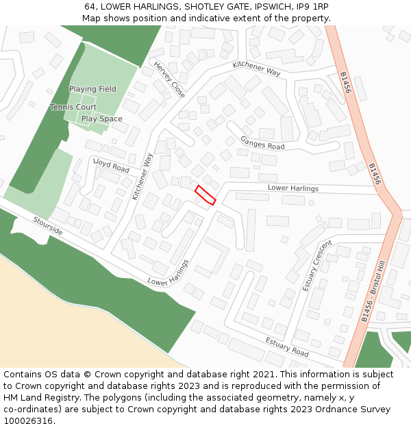 64, LOWER HARLINGS, SHOTLEY GATE, IPSWICH, IP9 1RP: Location map and indicative extent of plot