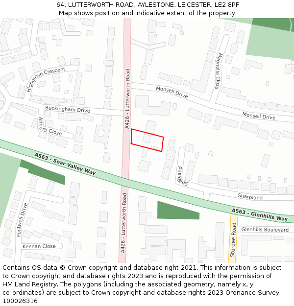 64, LUTTERWORTH ROAD, AYLESTONE, LEICESTER, LE2 8PF: Location map and indicative extent of plot