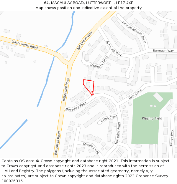 64, MACAULAY ROAD, LUTTERWORTH, LE17 4XB: Location map and indicative extent of plot