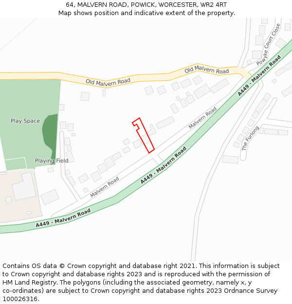 64, MALVERN ROAD, POWICK, WORCESTER, WR2 4RT: Location map and indicative extent of plot