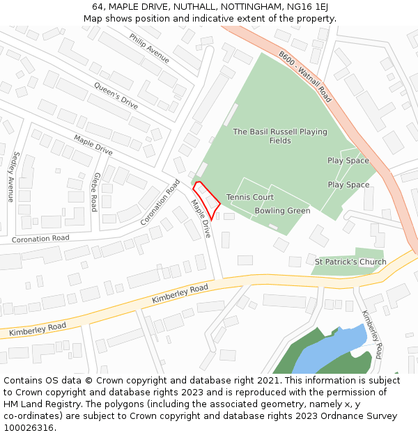 64, MAPLE DRIVE, NUTHALL, NOTTINGHAM, NG16 1EJ: Location map and indicative extent of plot