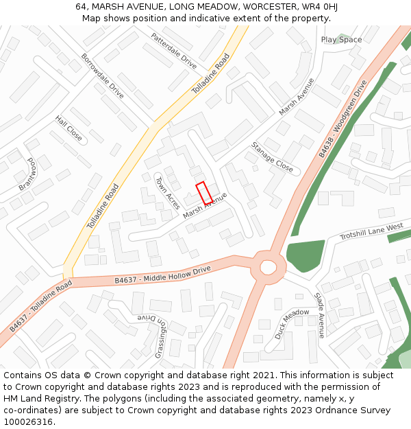 64, MARSH AVENUE, LONG MEADOW, WORCESTER, WR4 0HJ: Location map and indicative extent of plot