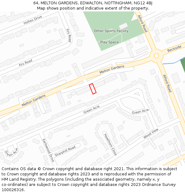 64, MELTON GARDENS, EDWALTON, NOTTINGHAM, NG12 4BJ: Location map and indicative extent of plot