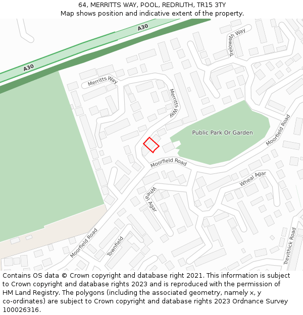 64, MERRITTS WAY, POOL, REDRUTH, TR15 3TY: Location map and indicative extent of plot