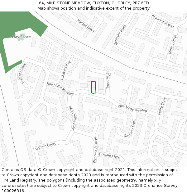 64, MILE STONE MEADOW, EUXTON, CHORLEY, PR7 6FD: Location map and indicative extent of plot