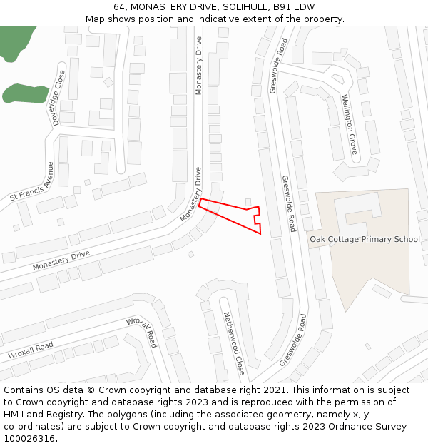 64, MONASTERY DRIVE, SOLIHULL, B91 1DW: Location map and indicative extent of plot