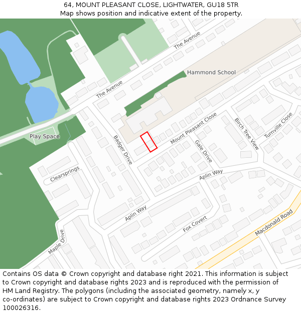 64, MOUNT PLEASANT CLOSE, LIGHTWATER, GU18 5TR: Location map and indicative extent of plot