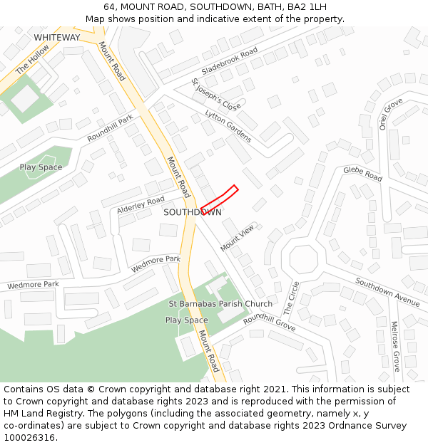 64, MOUNT ROAD, SOUTHDOWN, BATH, BA2 1LH: Location map and indicative extent of plot