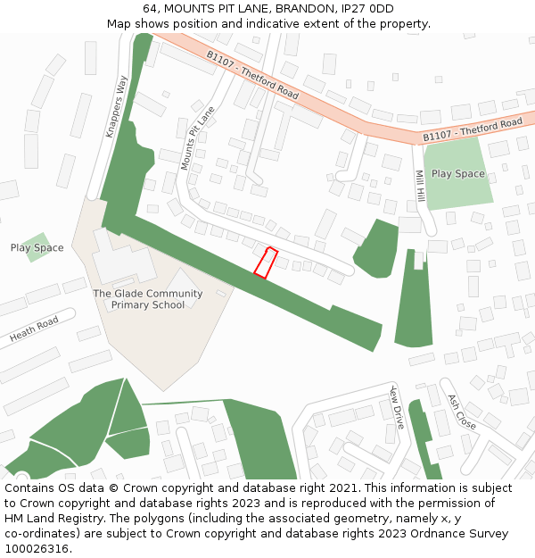 64, MOUNTS PIT LANE, BRANDON, IP27 0DD: Location map and indicative extent of plot