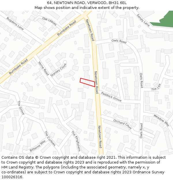 64, NEWTOWN ROAD, VERWOOD, BH31 6EL: Location map and indicative extent of plot