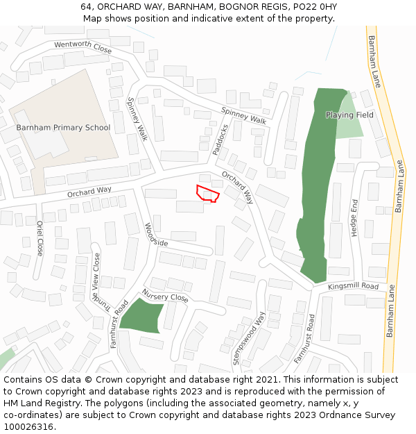 64, ORCHARD WAY, BARNHAM, BOGNOR REGIS, PO22 0HY: Location map and indicative extent of plot