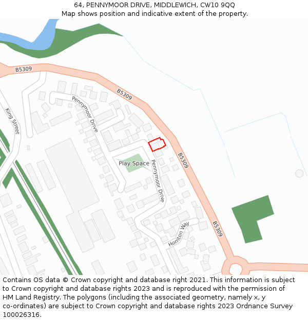 64, PENNYMOOR DRIVE, MIDDLEWICH, CW10 9QQ: Location map and indicative extent of plot