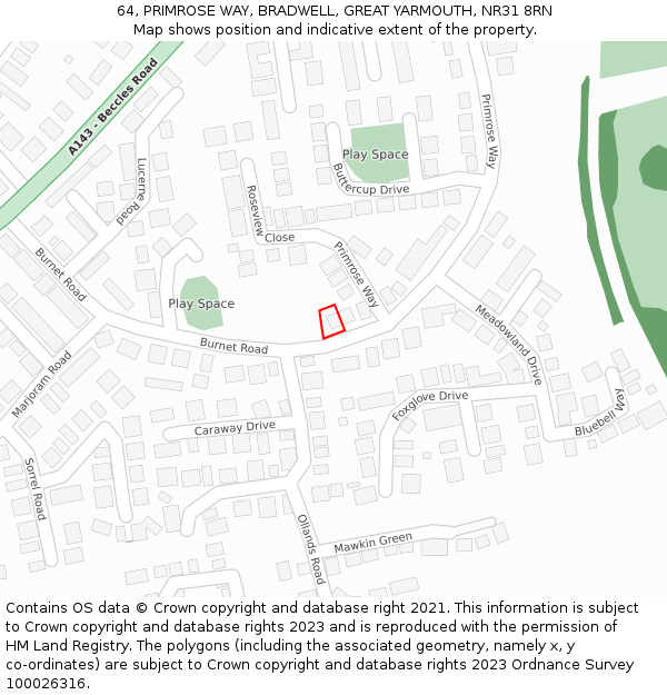 64, PRIMROSE WAY, BRADWELL, GREAT YARMOUTH, NR31 8RN: Location map and indicative extent of plot