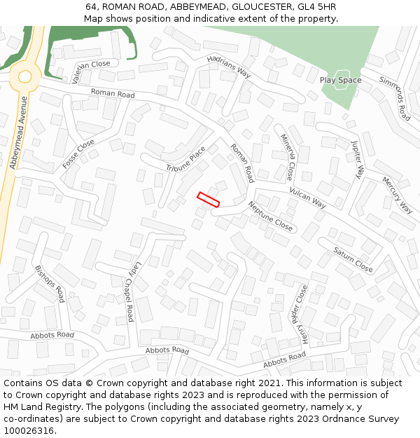 64, ROMAN ROAD, ABBEYMEAD, GLOUCESTER, GL4 5HR: Location map and indicative extent of plot