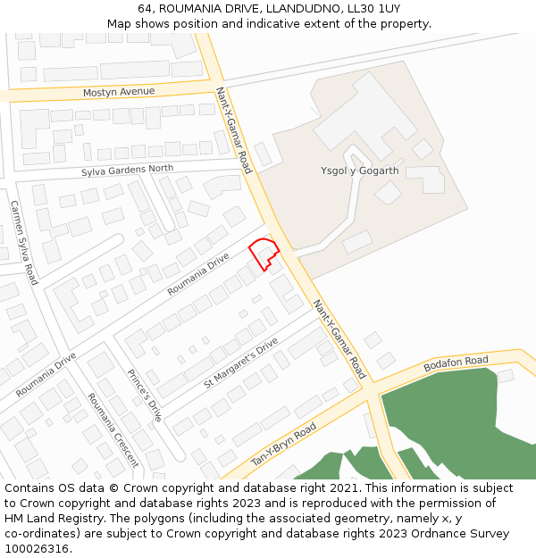 64, ROUMANIA DRIVE, LLANDUDNO, LL30 1UY: Location map and indicative extent of plot