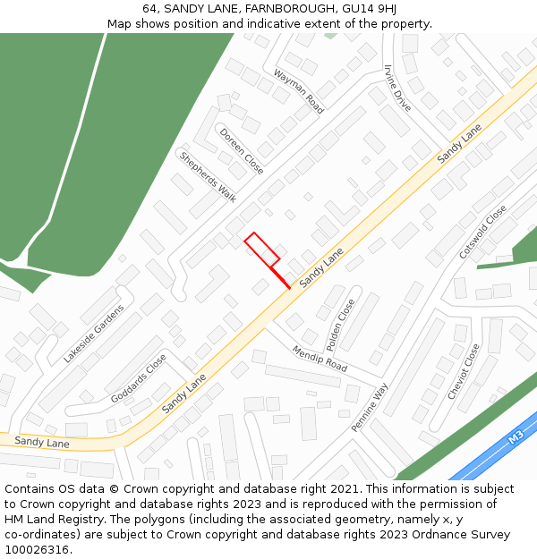 64, SANDY LANE, FARNBOROUGH, GU14 9HJ: Location map and indicative extent of plot