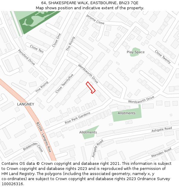 64, SHAKESPEARE WALK, EASTBOURNE, BN23 7QE: Location map and indicative extent of plot