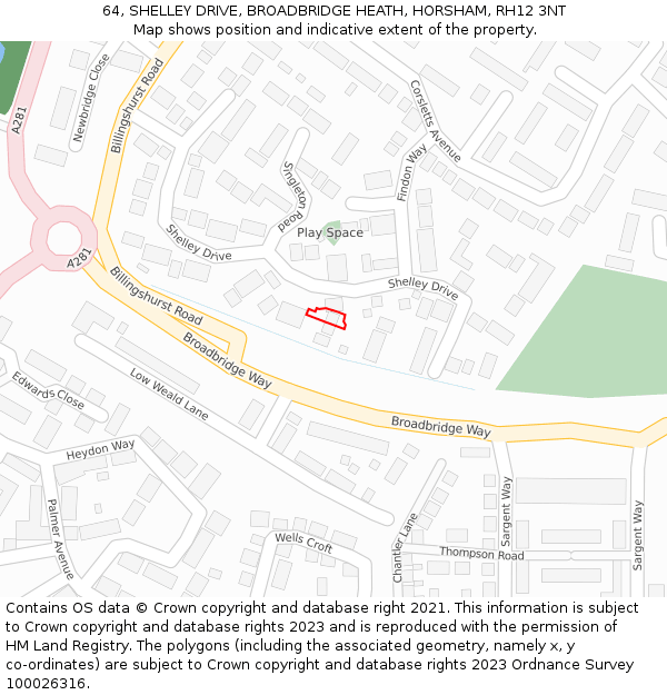 64, SHELLEY DRIVE, BROADBRIDGE HEATH, HORSHAM, RH12 3NT: Location map and indicative extent of plot