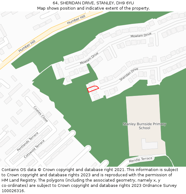 64, SHERIDAN DRIVE, STANLEY, DH9 6YU: Location map and indicative extent of plot