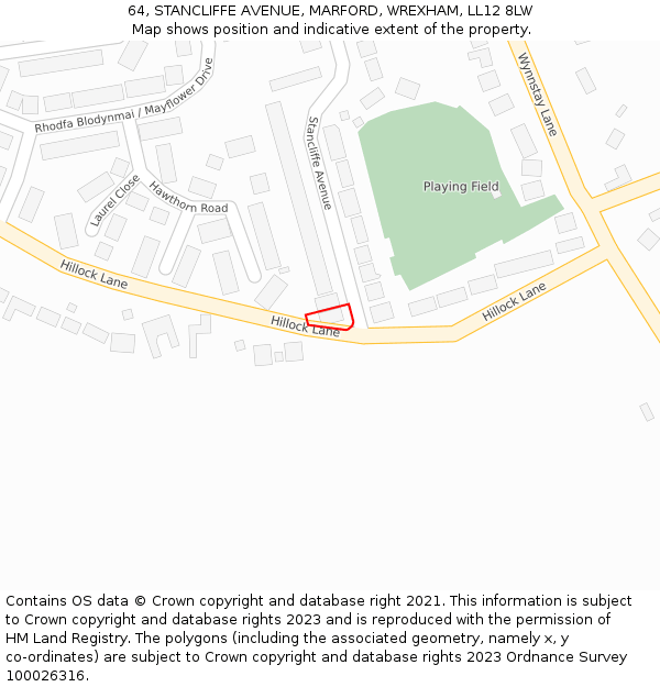 64, STANCLIFFE AVENUE, MARFORD, WREXHAM, LL12 8LW: Location map and indicative extent of plot
