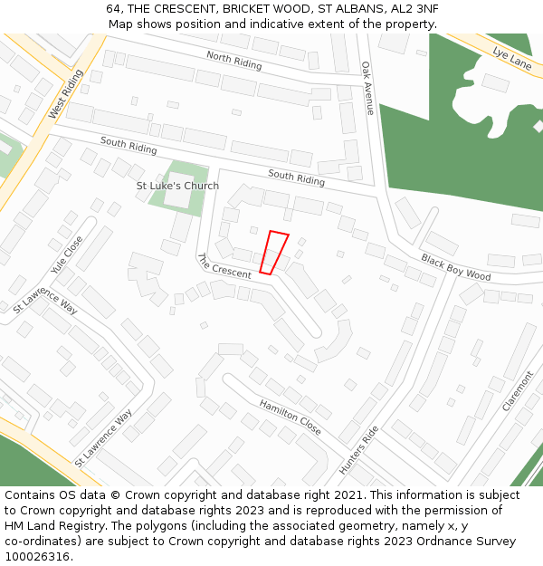 64, THE CRESCENT, BRICKET WOOD, ST ALBANS, AL2 3NF: Location map and indicative extent of plot