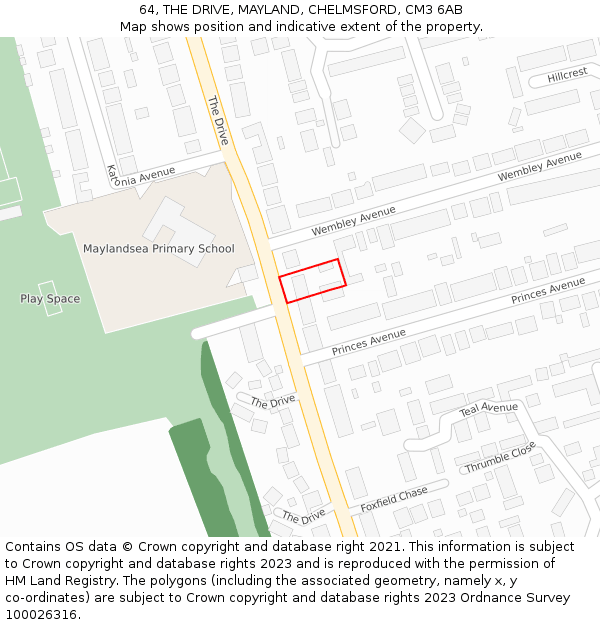 64, THE DRIVE, MAYLAND, CHELMSFORD, CM3 6AB: Location map and indicative extent of plot