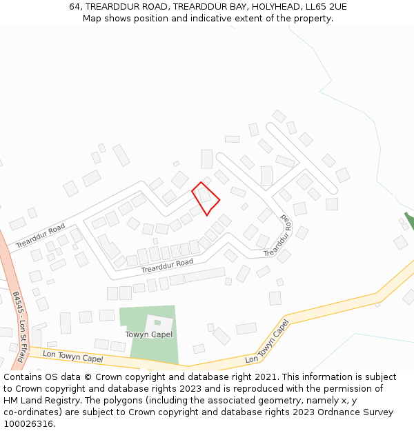 64, TREARDDUR ROAD, TREARDDUR BAY, HOLYHEAD, LL65 2UE: Location map and indicative extent of plot