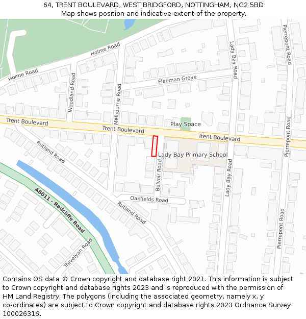 64, TRENT BOULEVARD, WEST BRIDGFORD, NOTTINGHAM, NG2 5BD: Location map and indicative extent of plot