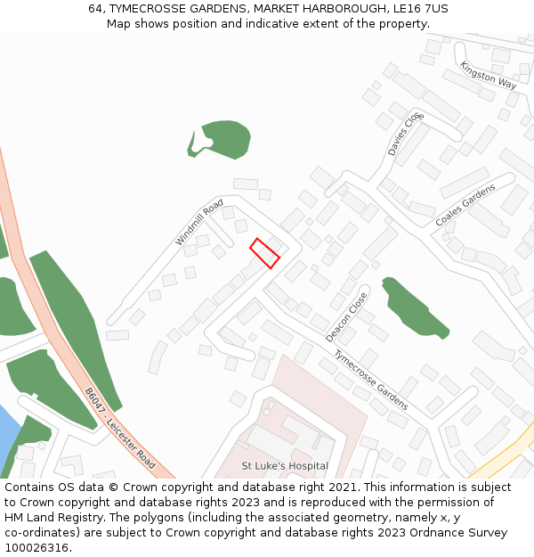 64, TYMECROSSE GARDENS, MARKET HARBOROUGH, LE16 7US: Location map and indicative extent of plot