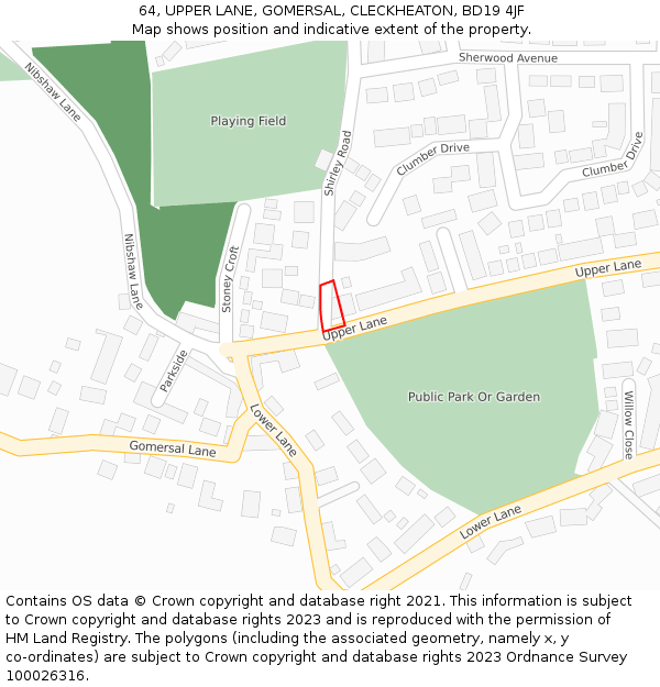 64, UPPER LANE, GOMERSAL, CLECKHEATON, BD19 4JF: Location map and indicative extent of plot