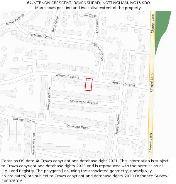 64, VERNON CRESCENT, RAVENSHEAD, NOTTINGHAM, NG15 9BQ: Location map and indicative extent of plot