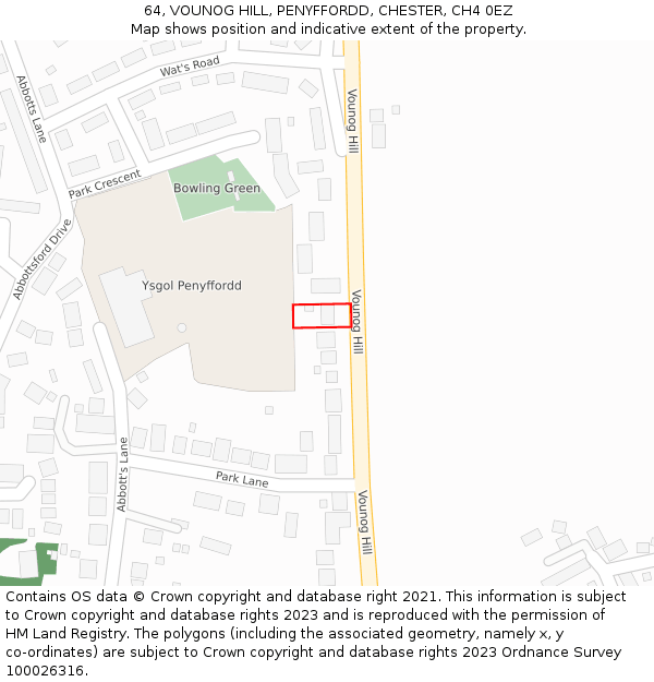 64, VOUNOG HILL, PENYFFORDD, CHESTER, CH4 0EZ: Location map and indicative extent of plot