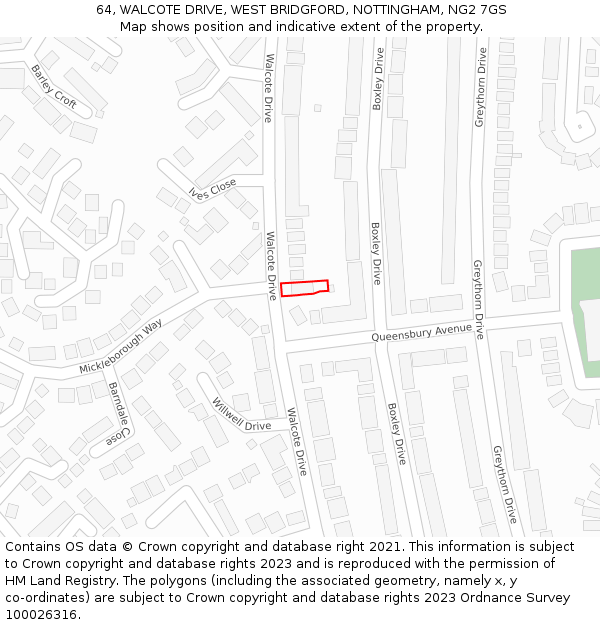 64, WALCOTE DRIVE, WEST BRIDGFORD, NOTTINGHAM, NG2 7GS: Location map and indicative extent of plot