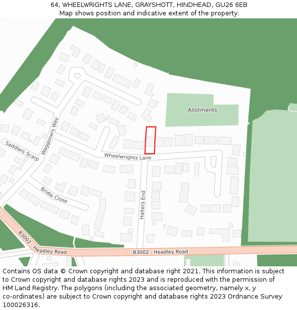 64, WHEELWRIGHTS LANE, GRAYSHOTT, HINDHEAD, GU26 6EB: Location map and indicative extent of plot