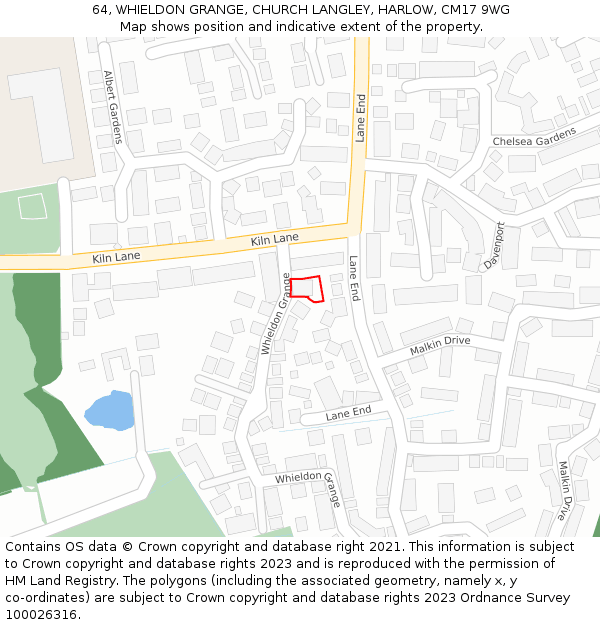 64, WHIELDON GRANGE, CHURCH LANGLEY, HARLOW, CM17 9WG: Location map and indicative extent of plot