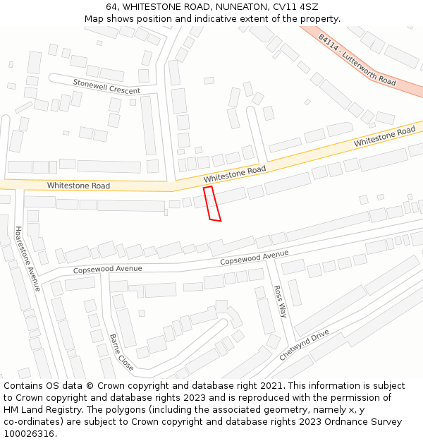 64, WHITESTONE ROAD, NUNEATON, CV11 4SZ: Location map and indicative extent of plot