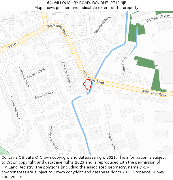 64, WILLOUGHBY ROAD, BOURNE, PE10 9JR: Location map and indicative extent of plot