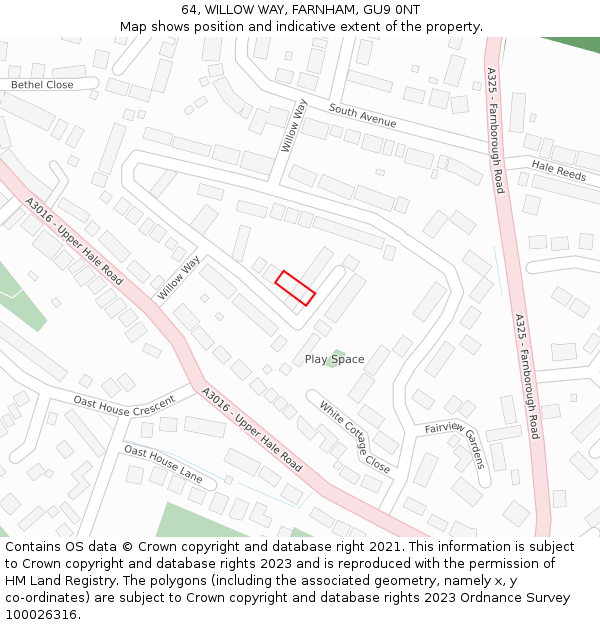 64, WILLOW WAY, FARNHAM, GU9 0NT: Location map and indicative extent of plot