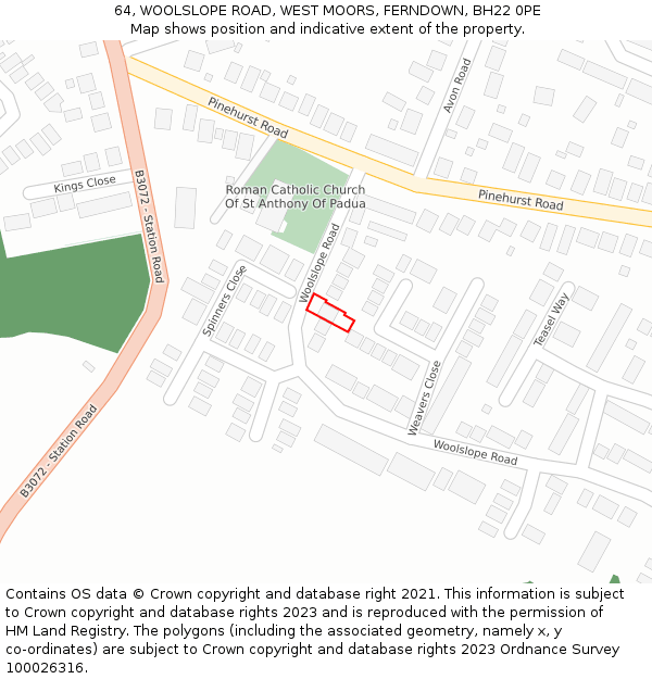 64, WOOLSLOPE ROAD, WEST MOORS, FERNDOWN, BH22 0PE: Location map and indicative extent of plot