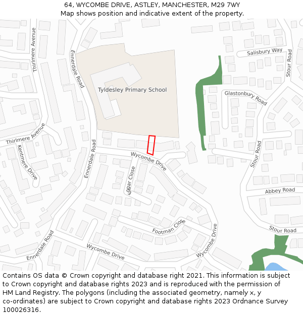 64, WYCOMBE DRIVE, ASTLEY, MANCHESTER, M29 7WY: Location map and indicative extent of plot