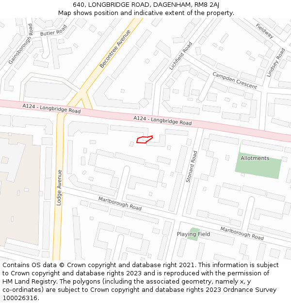 640, LONGBRIDGE ROAD, DAGENHAM, RM8 2AJ: Location map and indicative extent of plot