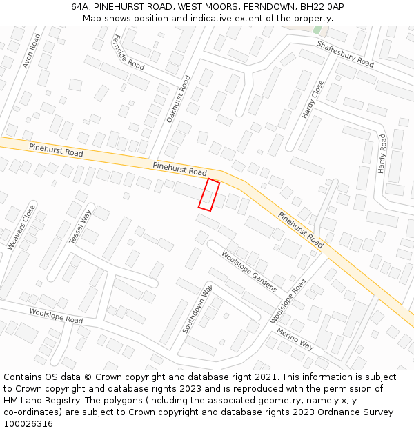 64A, PINEHURST ROAD, WEST MOORS, FERNDOWN, BH22 0AP: Location map and indicative extent of plot
