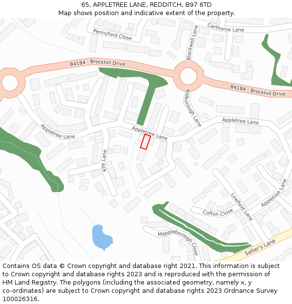 65, APPLETREE LANE, REDDITCH, B97 6TD: Location map and indicative extent of plot