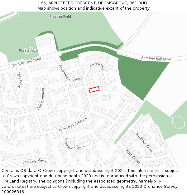 65, APPLETREES CRESCENT, BROMSGROVE, B61 0UD: Location map and indicative extent of plot